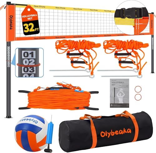 32ft / 20ft Portable Outdoor Volleyball Net Set for Grass Backyard Beach with 1.25" Height Adjustable Steel Poles, 28-ply Durable PE Net, PU Volleyball & Pump, Carry Bag - color: Orange, size: 32ft