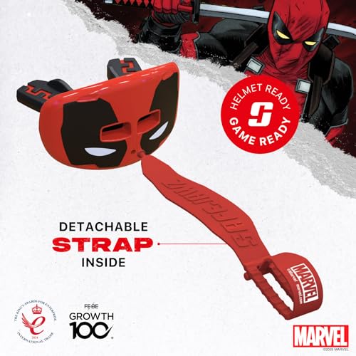 Marvel Deadpool Lip Guard, Football Mouth Guard with Detachable Strap, Lip Protector Adults and Junior, Football & Lacrosse (One Size, Red)