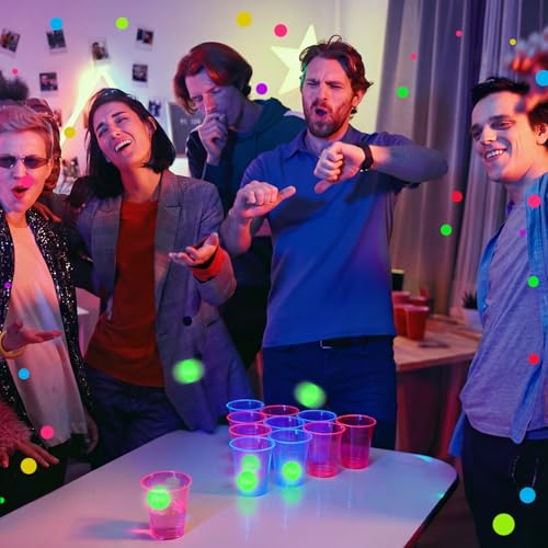 32 Pcs Glow in The Dark Party Table Tennis Game Set Include 24 Pcs Glowing Plastic Cups and 8 Balls for Indoor Outdoor Party Event Birthdays Weddings BBQ Parties - color: Blue and Pink