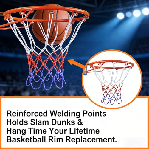 18 Inch Basketball Rim Replacement with Net, Universal Basketball Hoop Rim with Mounting Straps, Indoor Outdoor Basketball Rim for Most Backboard, Tree-Mountable Basketball Hoop Replacement