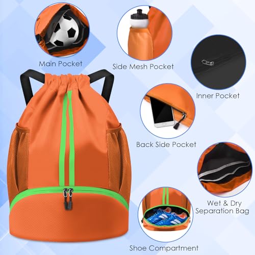 BROTOU Soccer Bags, Football Backpack, Volleyball Bag, Drawstring Backpack with Ball and Shoe Compartment, Football bags for Equipment Swim Gym Bag - color: Orange Yellow