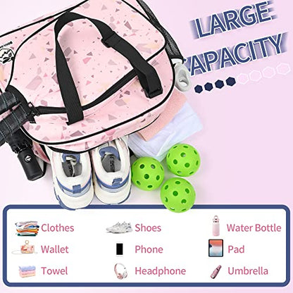 Boulder Bee Pickleball Bags, Premium Pickleball Tote Bag for Girls, Women’s Hand/Shoulder Gym Bag w Water Bottle Holder, with Pickleball Racquet/Paddle Holder - color: Pink Triangles