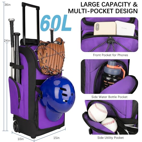 Rolling Baseball Bag with Wheels, 60L Capacity Wheeled Softball bag with Shoe Compartment for Youth & Adult, Bat bag with Hidden Straps,Fence Hook,Holds 4 Bat, Helmet, Glove - color: Purple
