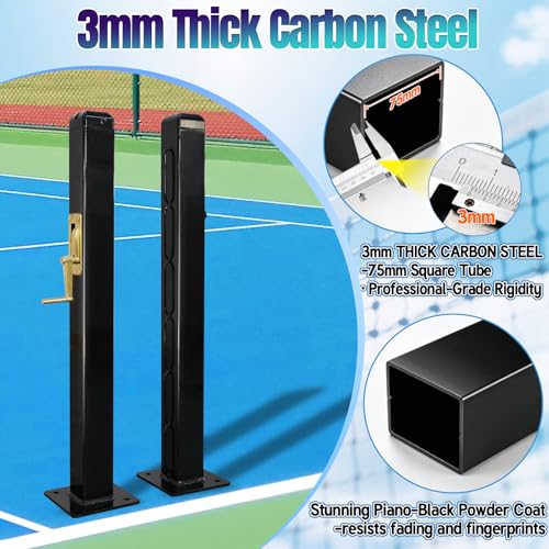 Seliyoo Professional Pickleball Net System for Tournament Courts -22FT Regulation Heavy Duty Carbon Steel Posts with Premium Cast Brass Winder,Handle,Pulley - Indoor/Outdoor Surface Mount - color: Black