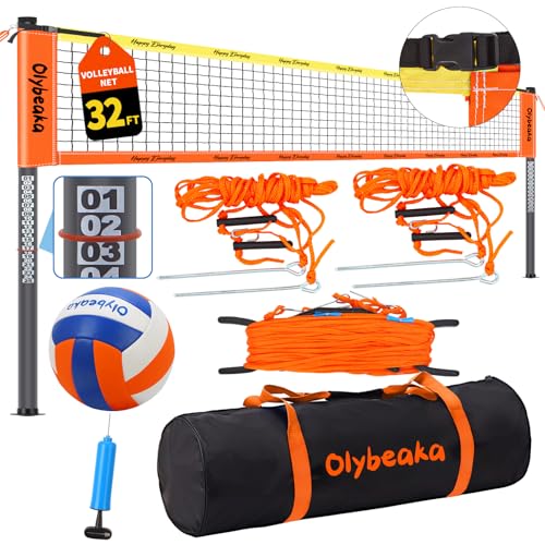 20ft / 32ft Portable Outdoor Volleyball Net Set for Backyard Beach Grass with Heavy Duty 1.25" Adjustable Poles, 28-Ply PE Net, PU Volleyball & Pump, Large Storage Bag - color: Orange, size: 32ft
