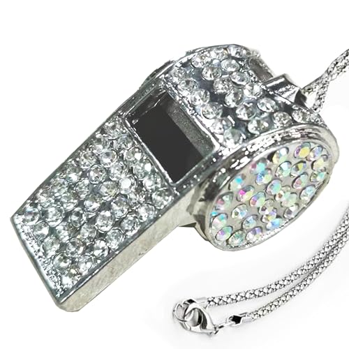 Metal Crystal Rhinestone Whistle - Shining Bling With Chain for Referees, Coaches, Teachers, Police, Training (Silver)