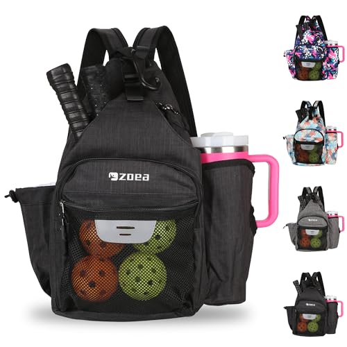 ZOEA Pickleball Backpack Bag for Men Women, Fits 40oz Tumbler, Holds 4 Paddles with Fence Hook, Waterproof Reflective, 7 Pockets Convertible Straps - color: Black