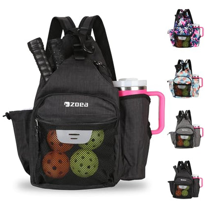ZOEA Pickleball Backpack Bag for Men Women, Fits 40oz Tumbler, Holds 4 Paddles with Fence Hook, Waterproof Reflective, 7 Pockets Convertible Straps - color: Black