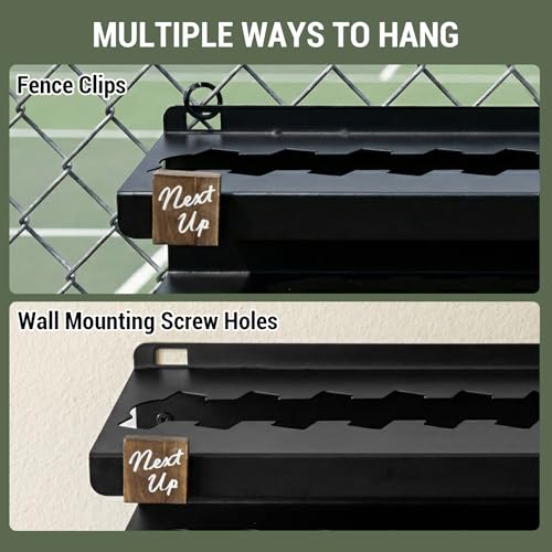 MyGift Premium Metal Pickleball Paddle Rack with Ball Basket & Magnetic Next Up Marker – Wall Mounted or Fence Hanging Pickleball Organizer, Holds up to 8 Paddles – Indoor & Outdoor Court Storage