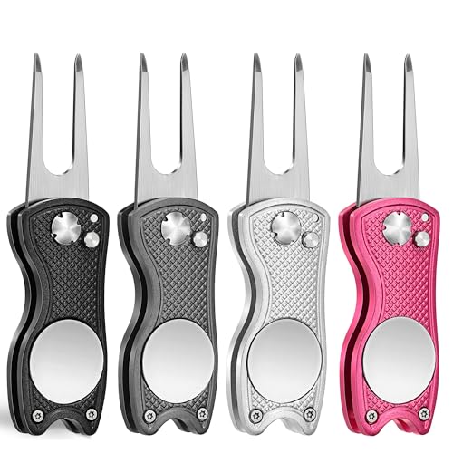 Mile High Life Golf Divot Repair Tool, All Metal Foldable Divot Tool with Pop-up Button & Magnetic Ball Marker, 2-6 Pack - color: Black/Sliver/Gray/Pink