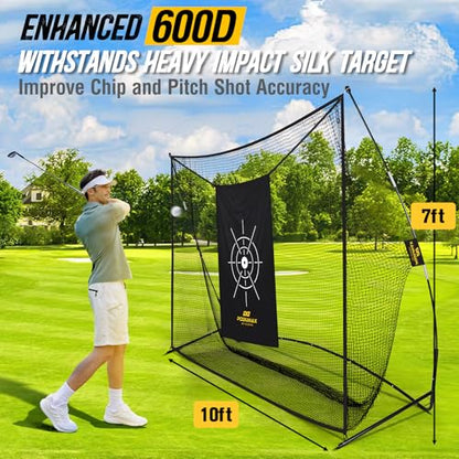 Golf Net, 10x7ft Golf Practice Net with Noise Reduce Silk Target Driving Real Balls, Hitting Nets for Backyard Garage, Improve Chipping Putting Pitching,Gift for Men & Golfers
