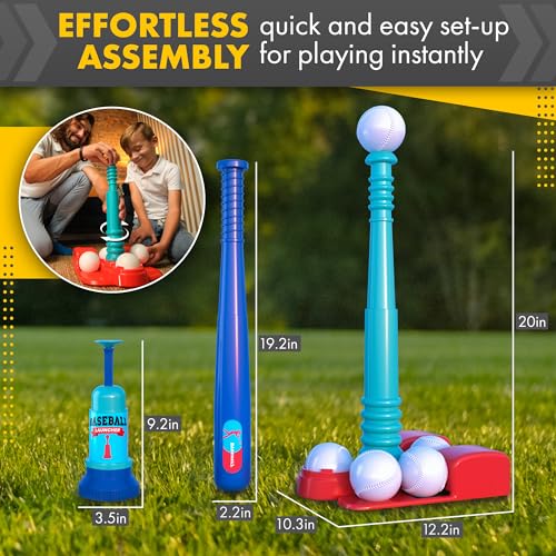 T Ball Stand for Kids and Toddlers 1-3, 3-5, 5-8. Baseball Set Includes 6 Large Balls, an Adjustable Tball Batting Tee, and a Pitching Machine. Kids Bat and Ball, T-Ball Sets for Kids - style: BLUE T BALL