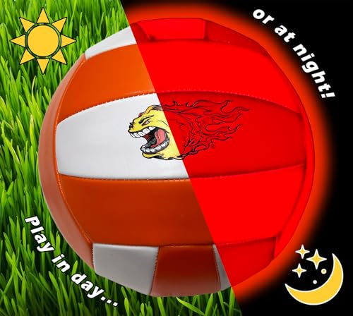 FIREBOMB® LED Glowing VolleyBomb™ Volleyball- Rechargeable Light-Up Football for Nighttime Fun, Laminated Leather Size 5, Orange and White Sports Ball for All Ages