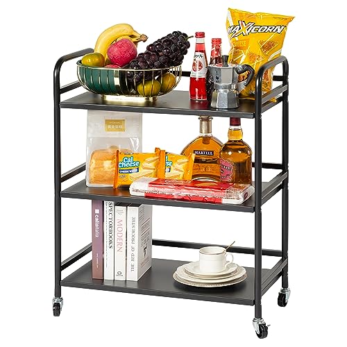 DCLRN 3 Tier Rolling Cart with Lockable Wheels Sturdy Construction,Solid Shelves,Recessed Screw Holes Ideal for Kitchen and Home Storage Size:23.6" Dx11.8 Wx29.5 H(Black) - color: Black Metal, size: Large