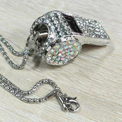 Metal Crystal Rhinestone Whistle - Shining Bling With Chain for Referees, Coaches, Teachers, Police, Training (Silver)