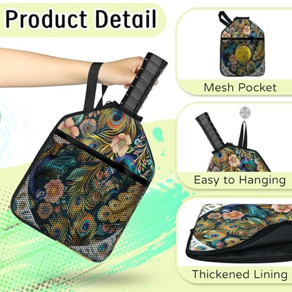 Pickleball Paddle Cover with Pockets and Handle Strap, Racket Sleeve and Ball Holder Organizer, 1 Pcs - color: blue
