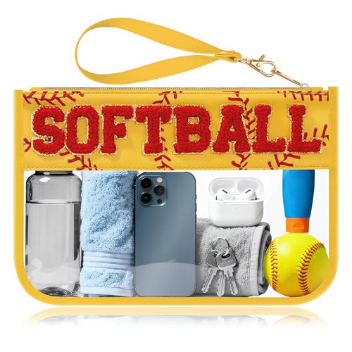 BuyCard Softball Gifts Makeup Bag with Chenille Letter Patch, Clear Cosmetic Pouch PVC Organizer Purse, Waterproof Travel Bag, Portable Toiletry Storage Bag for Her Friends - color: Yellow-Softball