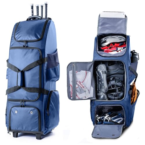 Upgraded Rolling Baseball Bag with Sturdy Hard Backing - Large Softball Bag with Wheels for 4 Bats, Large Team Equipment Duffle Bat Bag, Catcher Gear Bag for Boys 8-12, Youth, Adults