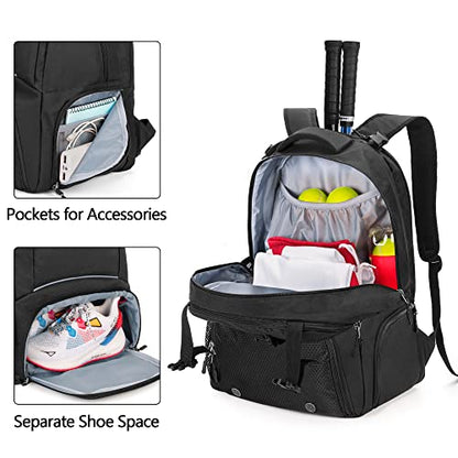 Tennis Backpack for 2 Rackets, Tennis Bag with Separate Ventilated Shoe Space for Tennis/Pickleball/Badminton/Squash Racquet and Accessories