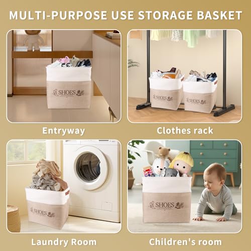 Shoe Basket Organizer, Large Capacity Fabric Entryway Shoe Storage Bin with Handle, Flodable Space-Saving Shoe Basket for Entryway, Hallway, Entryway and Mudroom - color: Khaki, style: Leather Buckle