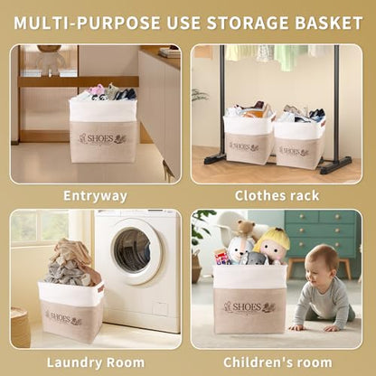 Shoe Basket Organizer, Large Capacity Fabric Entryway Shoe Storage Bin with Handle, Flodable Space-Saving Shoe Basket for Entryway, Hallway, Entryway and Mudroom - color: Khaki, style: Leather Buckle