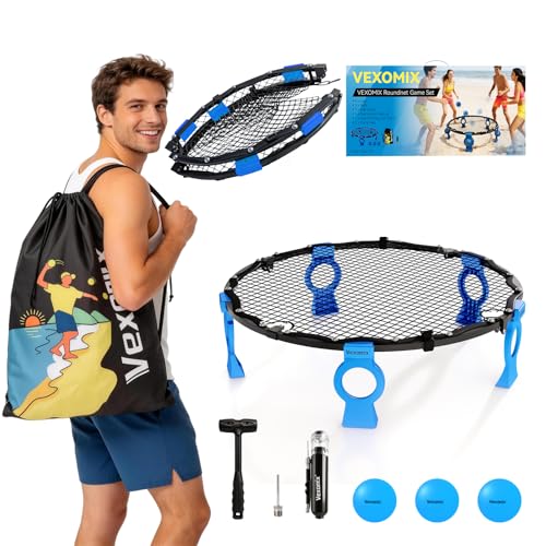 Upgraded Foldable Outdoor Games Kit (Includes 3 Balls, Pump, Carrying Case & Rules), VEXOMIX Metal Roundnet Game Set for Backyard, Lawn, Beach & Tailgating - Blue