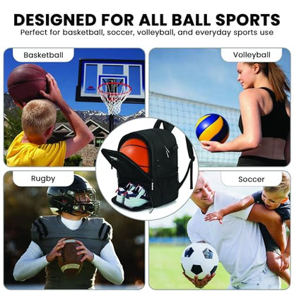Basketball Backpack with Ball Holder & Shoe Compartment, Large Sports Bag for Men Women, Water Resistant Gym Backpack for Soccer, Football, Volleyball – Black