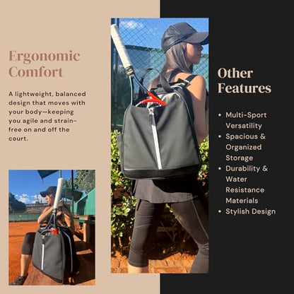 AYRES Tennis Backpack - Spacious Womens Tennis, Padel & Pickleball Bag | Quick-Access Racket Compartment (Fits 2) | Designer Tennis Bag, Water-Resistant & Easy To Clean, Makeup Pouch Included - color: Black