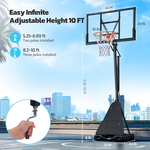 Yohood Basketball Hoop Outdoor Portable 44/48 Inch Backboard, 10ft Quickly Adjustable Basketball Goal System with Wheels for Court/Backyard/Driveway