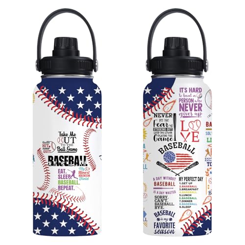 Baseball Water Bottle 32oz Insulated Sports Water Bottles Baseball Gifts for Men Women Gift for Coach Lovers Fan Players Stuff Accessories for Boys Girls - color: Baseball
