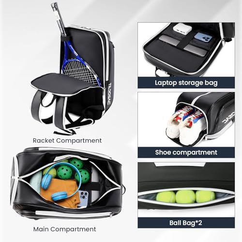Tennis Racket Bag Pickleball Padel Backpack With Shoe Compartment, Laptop Sleeve,Fence Hook,Ball Sleeve - color: Black-White