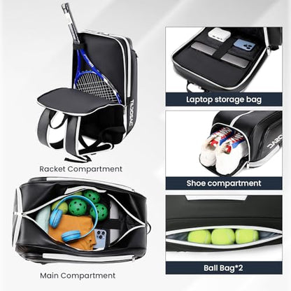 Tennis Racket Bag Pickleball Padel Backpack With Shoe Compartment, Laptop Sleeve,Fence Hook,Ball Sleeve - color: Black-White