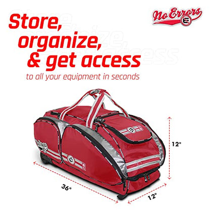 No Errors NO E2 Wheeled Catchers Gear Bag - Large Baseball and Softball Bag for Catcher’s Equipment with Fatboy Wheels - color: Red