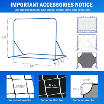 Soccer Baseball Rebounder Net, Soccer Goal Net, Volleyball Softball Rebound Pitchback Net Quick-Switch Angle Training for Control, Passing Practice, Bounce Back Rebounder Goals Gifts Trainer Equipment - size: 5FTx4FT