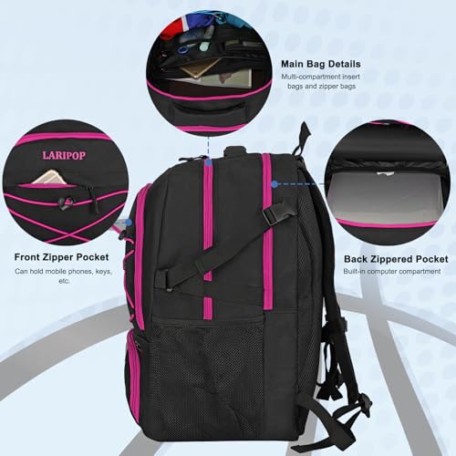 LARIPOP Basketball Backpack Large Basketball Bag with Ball Holder & Shoe Compartment for Youth Adults Men Women - color: Rose Red