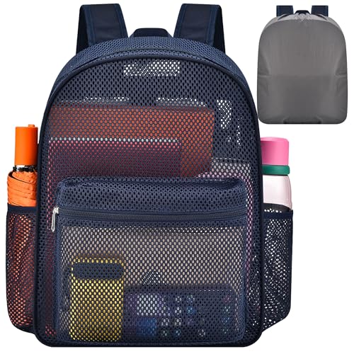 Oraben Heavy Duty Mesh Pack with Rain Cover - See Through Backpack Mesh Backpack Ideal for Class, Work, Travel, or Beach Outings (Blue) - color: Blue