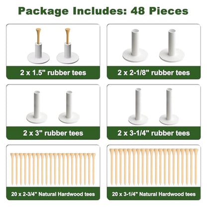 Rubber Golf Tees for Mats, 48 Pack – Includes 8 Rubber Tees & 40 Natural Hardwood Tees, Durable and Portable for Golf Hitting Mats, Simulator & Driving Range Practice