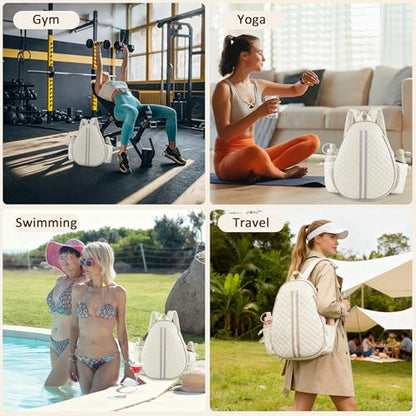 Tennis Bags for Women - Ideal Mothers Day Gifts, Quilted Tennis Sling Crossbody Backpack with Fence Hook, Water Resistant Tennis Racket Bag for Pickleball, Badminton, Beige
