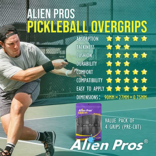 ALIEN PROS Pickleball Overgrip (4-Pack) with Ridges for Better Grip Control - Precut and Dry Feel Pickleball Grip Tape - Non-Slip Pickleball Paddle Grip Tape for High Performance - color: Black