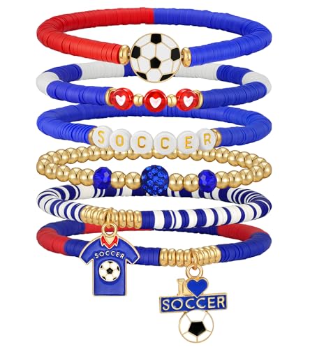 doubgood 2026 World Soccer Cup Soccer Bracelets for Women Men, Stackable Soccer Jewelry Game Day Fan Accessories Gifts for USA Mexico Argentina Soccer Fans - color: Blue/Red-America
