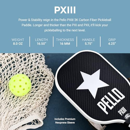 PELLO Carbon Fiber Pickleball Paddles | USA Pickleball Approved | Professional Polypropylene Honeycomb Core | Perfect Balance of Power & Control | Pickle Ball Racquet with Neoprene Case - style: PXIII White