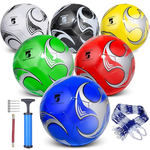 6 Pack Size 5/4/3 Soccer Balls for Training & Matches – Official Size & Weight, Includes Carry Net, Needles, Air Pump – Ideal for Youth and Adult Players - size: Size 5