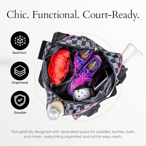 Pik’le’Ball Sport Premium Women's Pickleball Bag – Stylish and Versatile Sports Bag with Water Bottle Holder, Padded Paddle Pocket, and Spacious Design (fits 2+ Paddles!) - color: Checkered Chic Black