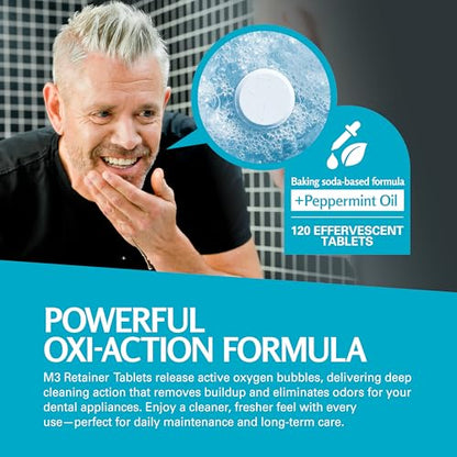 Retainer Cleanser Tablets Invisalign Cleaner, Removes Odors Discoloration Stains and Plaque 4 Month Supply Denture Cleansers Retainers Mouth Guards Denture Bath Mint by M3 - size: 120 Count