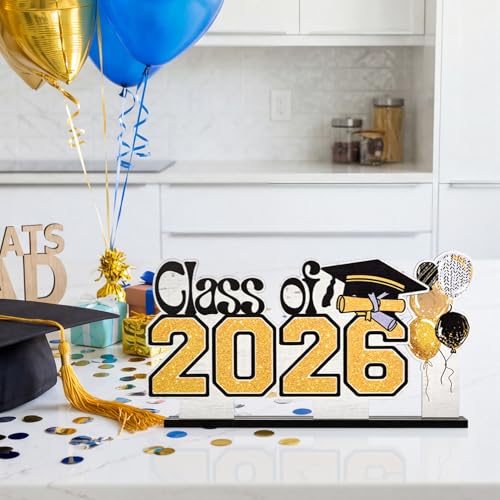 Smile 2026 Graduation Wooden Standing Decor Set, 2-Piece Class of 2026 Balloon Bouquet Tiered Tray Tabletop Signs with Stands for Graduation Party Decorations - style: Letter 2026