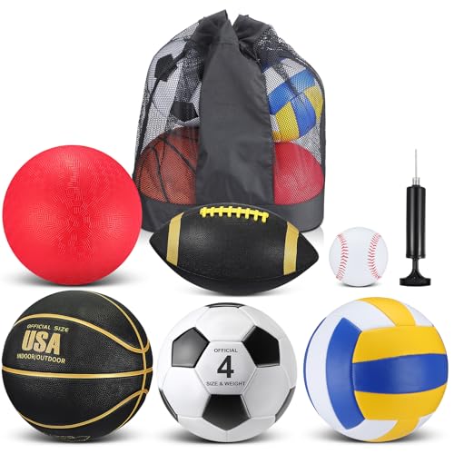 Realspring 6 Pcs Kids Sport Ball Set Includes Official Size Soccer, Basketball, Football, Volleyball, Playground Ball, Baseball with Bag & Pump Back to School Gift for Teens Outdoor Sport Play - color: Black
