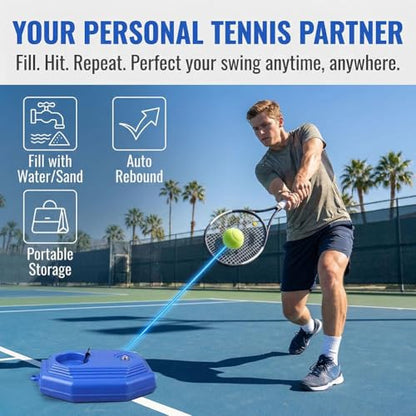 Tennis Trainer, Tennis Practice Rebounder, Tenniss Buddy, Solo Training Equipment with Fillable Baseboard & Rope, Used for Backyard, Local Court, Or Even Park