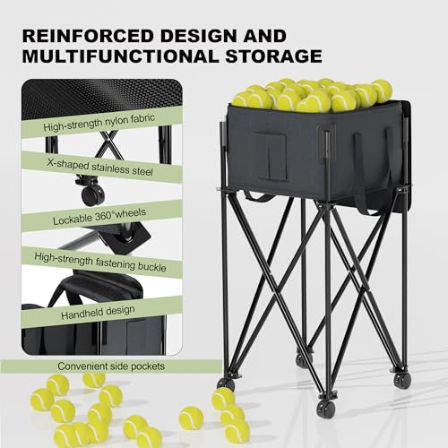Tennis Ball Hopper for 120 Balls，Tennis Ball Basket with Removable Storage Bag，Wheeled Tennis Ball Cart for Serve Training ，Portable Pickleball Baseball Hopper Basket