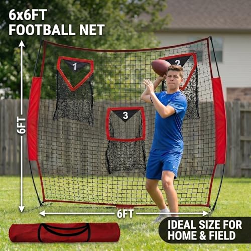 Football Throwing Net - Heavy-Duty Portable Nylon Net with 3 Target Pockets - 6x6FT Football Goal Practice - Youth Quarterback Training Field & Home Backyard