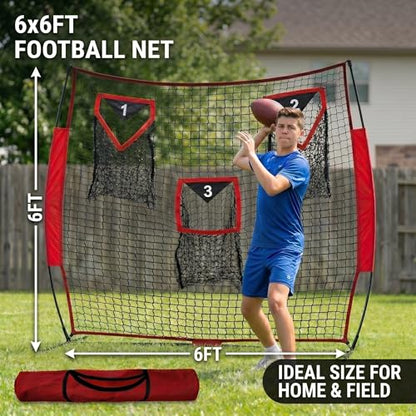 Football Throwing Net - Heavy-Duty Portable Nylon Net with 3 Target Pockets - 6x6FT Football Goal Practice - Youth Quarterback Training Field & Home Backyard